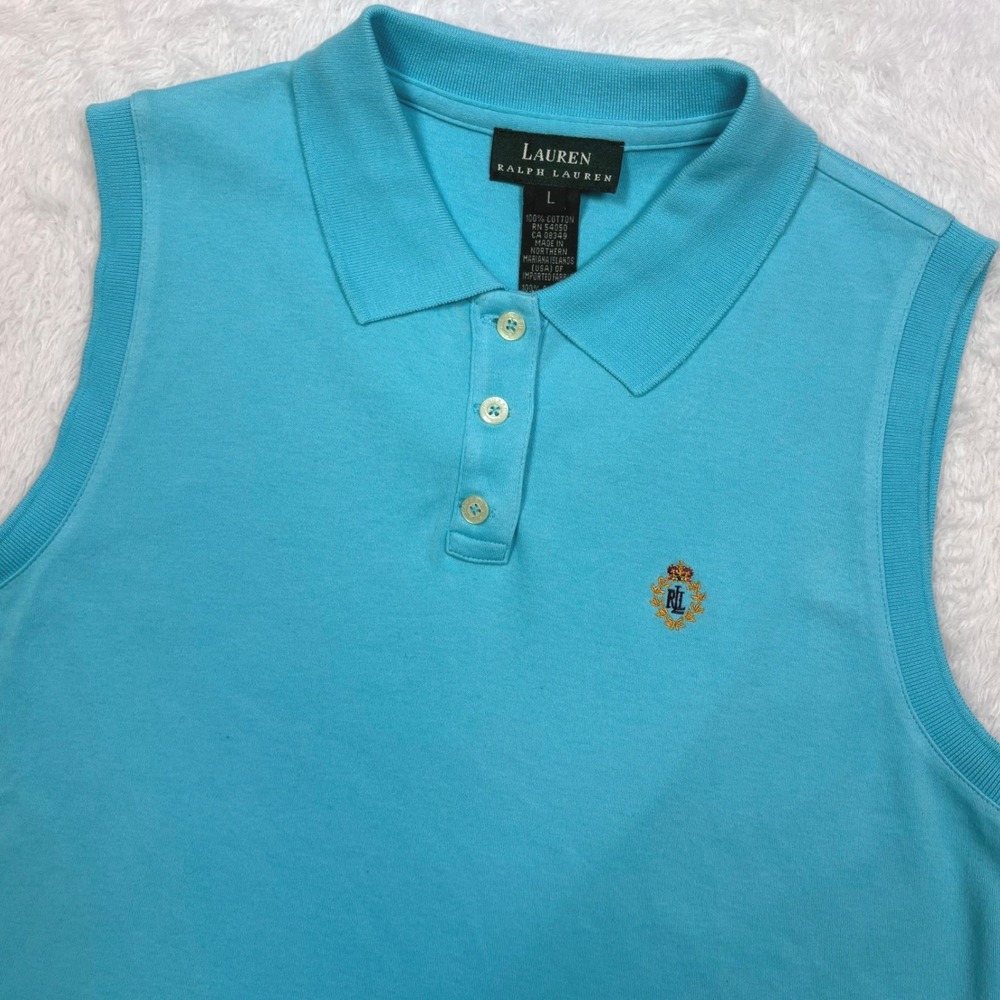 Lauren Ralph Lauren Sleeveless Polo Shirt Women L (FIT S) Blue Crest Logo Preppy
